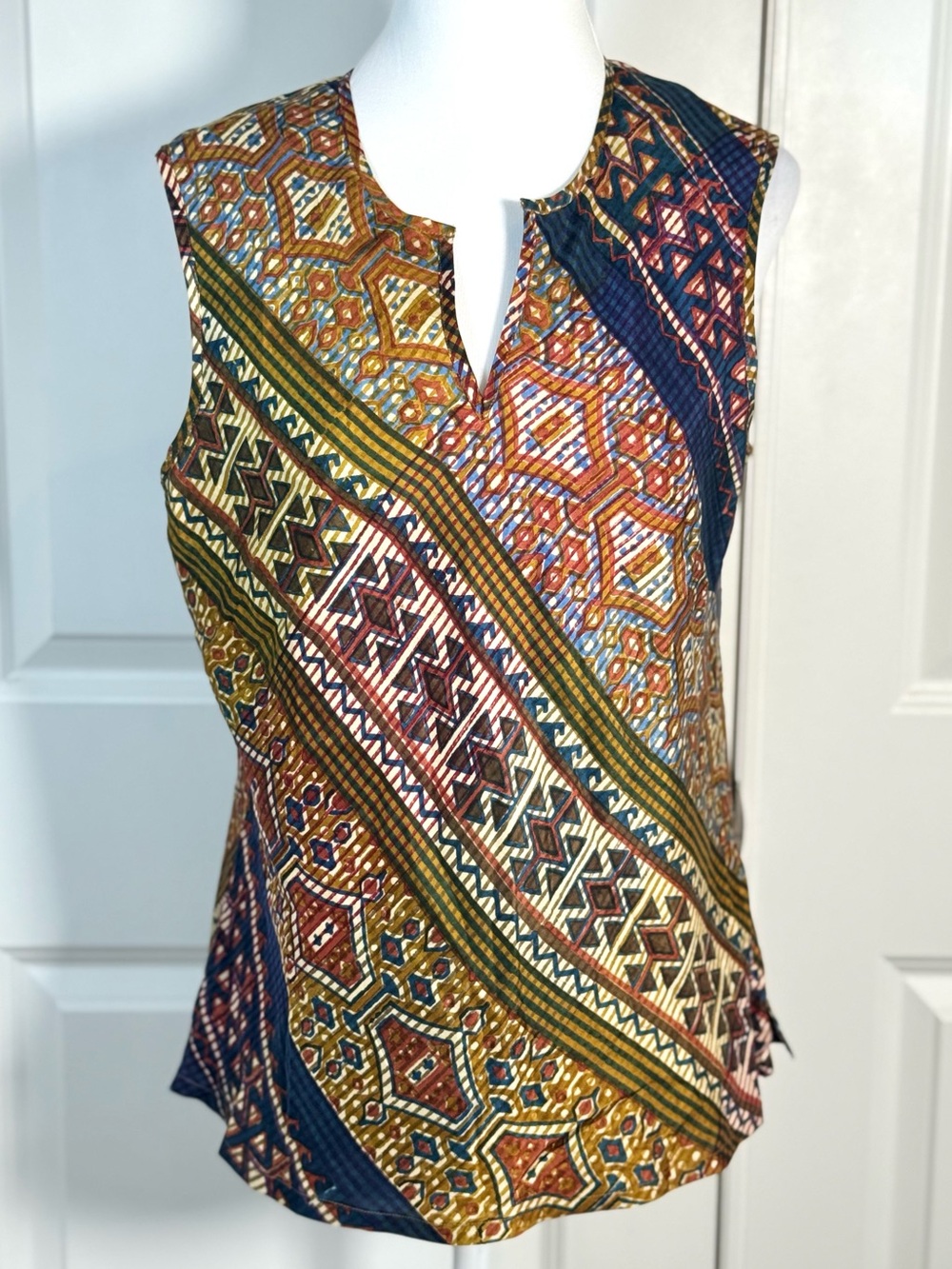 Anokhi 100% Silk Blouse Top L India Geometric Kilim Print Cotton Lined Boho